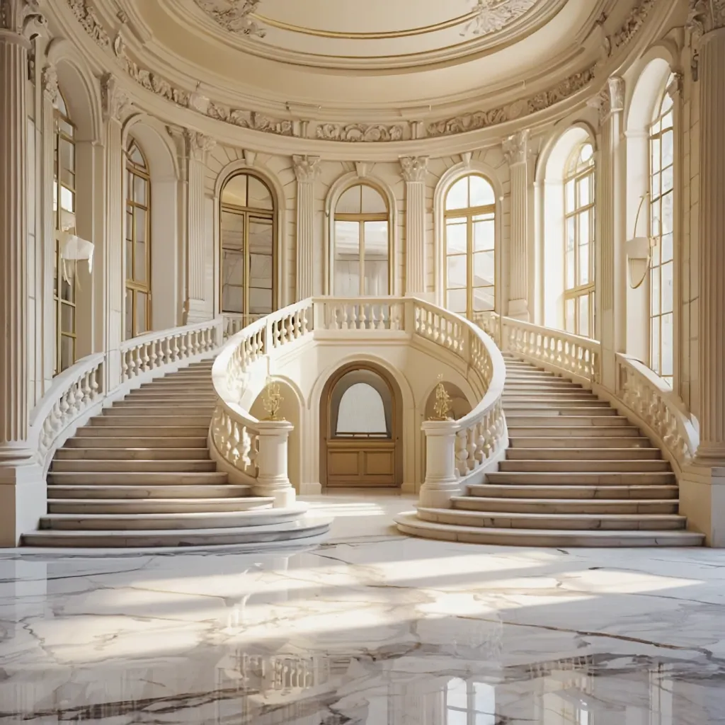 Aufgearbeiteter Marmorboden mit geschwungener Treppe in einem klassischen Altbau-Foyer